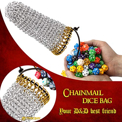 Mythrojan Chainmail Game Dice Bag | Medieval Drawstring Aluminium Ring Pouch for DND, Role Playing, Games, Storing Dices, Accessories | Chainmaille DND Dice Pouch with Brass Polished Edges Ring