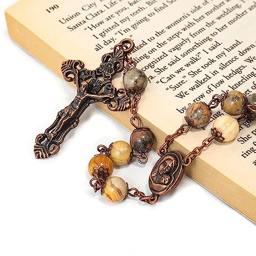 Nazareth Store Natural Stone Beads 8mm Rosary Necklace Antique Copper Design Holy Soil Medal & Cross in Velvet Bag - Catholic Rosaries Terra Santa Jerusalem Collection - color: Yellow Jasper