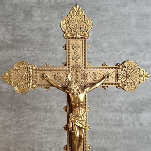 BC Catholic Jesus Crucifix Standing Cross for Home Altar, Gold Crucifix Decor for Elegant Modern Home, Catholic Wedding Gift, Religious Gifts, Hand-painted in Shiny Gold, 14.7 inches H by Buildclassic - color: Shiny Gold