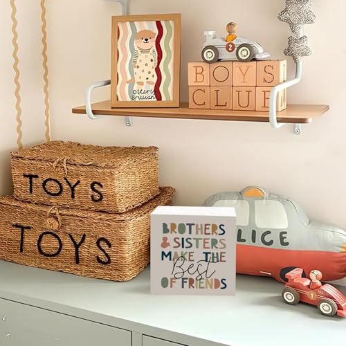 Lacama Kids Room Wooden Box Sign, Brothers and Sisters Make the Best of Friends Decorations Wood Block Signs, Boho Nursery Wood Sign for Kids Room Bedroom Playroom Desk Shelf Wall Decor 5x5 Inches - color: Brothers and Sisters Make the Best of Friends