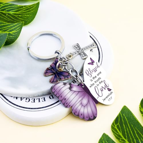 Butterfly Christian Keychain Women Cross Bible Verse Keychain Butterfly Purse Charm Inspirational Religious Gifts - color: Purple