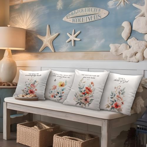 Bible Wildflowers Decorative Pillow Covers Set of 4 - Floral Christian Bible Verse Pillow Covers with Sayings, Spring 18x18, Encouraging Gifts for Women