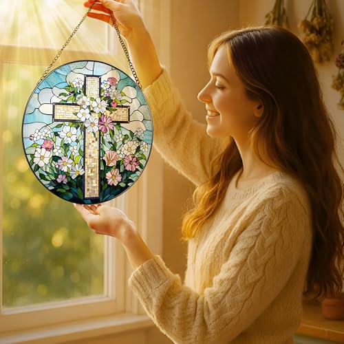 8'' Christian Stained Glass Suncatcher Ornament, Cross Window Hanging, Window Decor, Jesus Home Decor, Gifts for Christmas, Easter Faith Cross Gifts, Religious Gift, Christian Gift - color: Cross-c