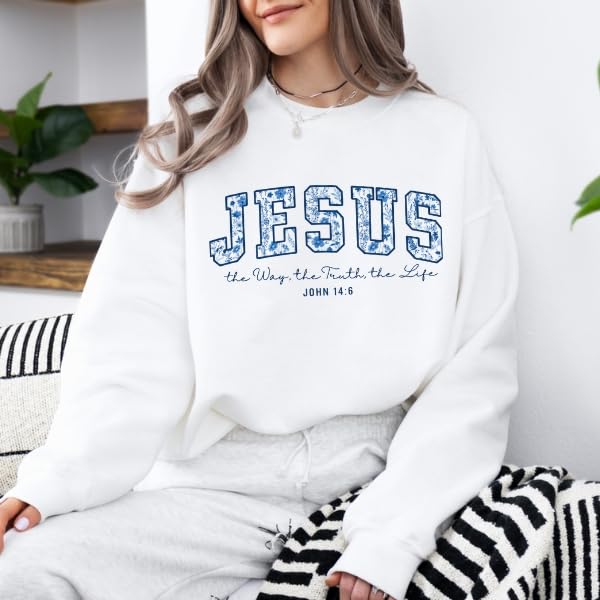 FITIN Unisex Jesus The Way The Truth The Life Christian Sweatshirt John 14:6 Floral Faith Pullover Neutral - color: White, size: X-Large