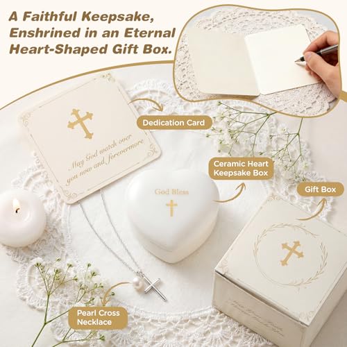 NORBU S925 Cross Necklace for Girls, Baptism Gift with Heart Keepsake Box - color: Brass Cross Necklace with Ceramic Box