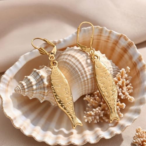 Gold Fish Hoop Earrings sardine Trendy Beach Ocean Theme Jewelry for Women