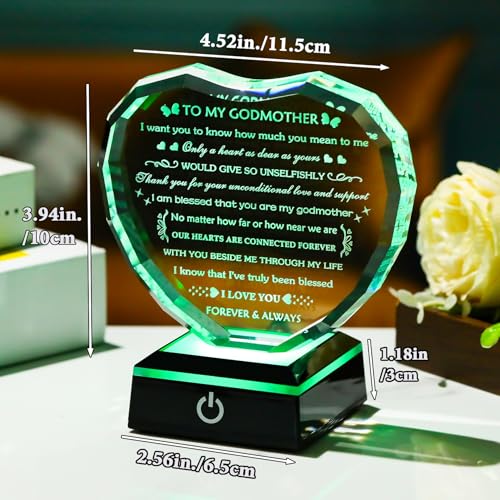 Arikyrist Godmother Gifts from Godchild with Colorful Light Base, Birthday Gift for Godmother Crystal Heart Keepsake, To My Godmothers Gifts from Goddaughter Godson on Mothers Day Christmas - color: Godmother Gifts + Light Base