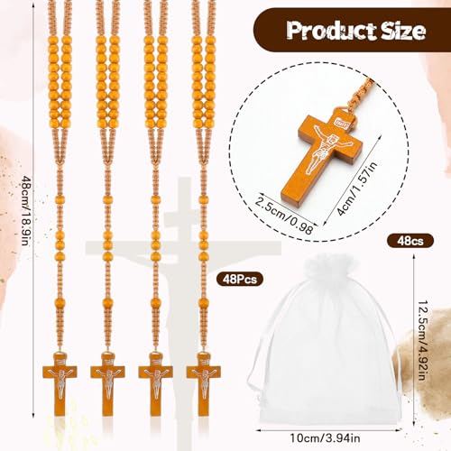 Tenceur 48 Pcs Wooden Rosary Bead Necklace Wood Catholic Carved Beads with Jesus Cross First Communion Rosary Bulk with Organza Bags Baptism Favors Catholic Gift for Men Women(Light Brown) - color: Light Brown