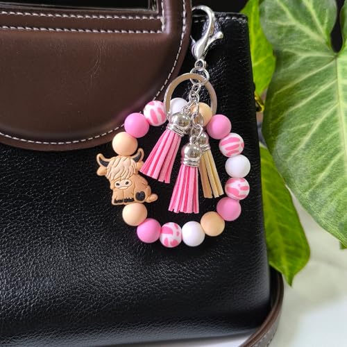 SHINYHARBOR Silicone Beaded Wristlet Keychain Bracelet,Key Wrist Keychains for Women Mom Teachers Best Friend - color: Cow-pink