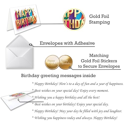 150 Birthday Cards Bulk, Gold Foil, Message Inside, for Office and Home