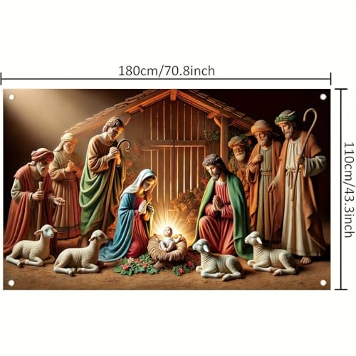 Christmas Nativity Scene Banner 71x43 Inch Outdoor Holy Family Birth of Jesus with Shepherds and Animals Religious Christian Xmas Decoration for Church Home Yard Party - color: Peaceful Manger