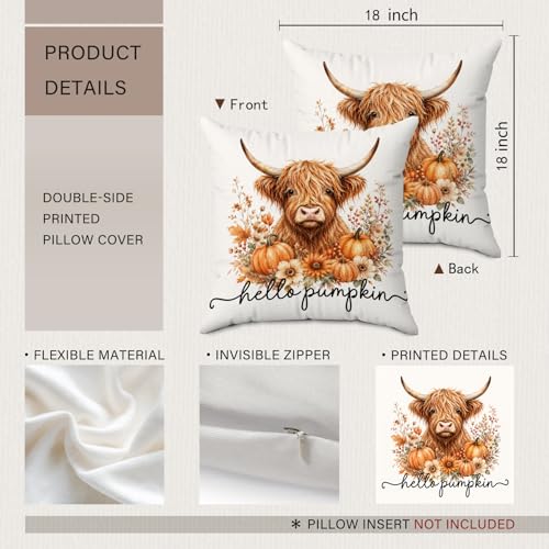 Hello Pumpkin Fall Highland Cow Floral Throw Pillow Covers 18x18 - color: Cow