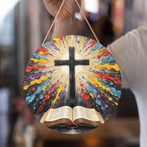 Door Sign Round Wooden Hanging Plaque With Rope Cross And Open Bible With Light Burst 12 X 12 Inch Rustic Welcome Wall Decor For Porch Entryway Farmhouse Home