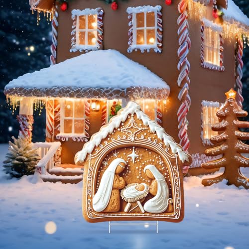 Thyle 17x16 Inch Nativity Scene Yard Sign Christmas Gingerbread Nativity Yard Sign with Stakes Religious Christmas Jesus Decorations for Xmas Gingerbread Holiday Church Outdoor Garden Lawn Decoration