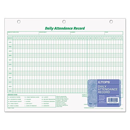 TOPS Daily Attendance Record, Loose-Leaf Style, 8.5 x 11 Inches, 50 Forms per Pack (3284)