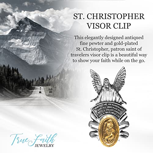 True Faith Jewelry Pewter and Gold Plated St Christopher Visor Clip for Car, Guardian Angel Patron Saint of Travelers, Gift for New Driver, Fine Pewter (92% Tin), 2-1/4 x 1-1/4 Inch - size: St. Christopher 2