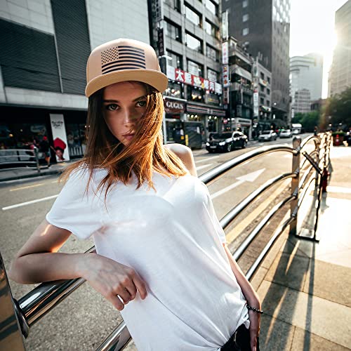 UALON Baseball Cap, Snapback Trucker Hat for Men & Women with American Flag and Adjustable, Breathable Mesh, Flat Bill Hats - color: Khaki