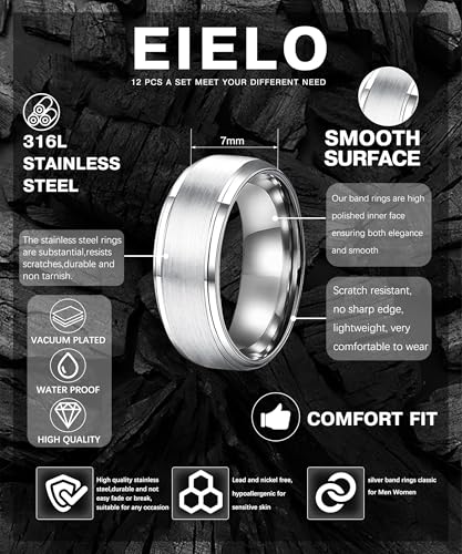 EIELO 12Pcs Mens Stainless Steel Rings Cool Silvery Black Band Ring for Men Women Spinner Chain Fidget Ring Simple Wedding Engagement Ring Set Size7-12