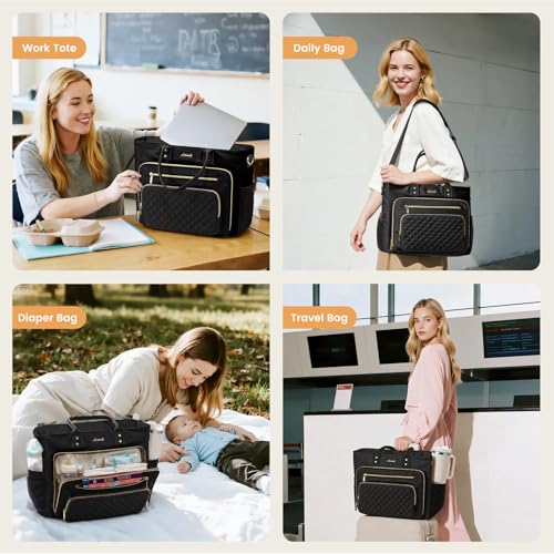 LOVEVOOK Lunch Bag, Tote Bag for Women with Insulated Lunch Compartment, Large Capacity Work Tote fit 17.3 Inch Laptop, Teacher Nurse Bag for Work, Crossbody Bags for Women with Cup Holder, Black - color: Black, size: 17.3 inch with Lunch Compartment