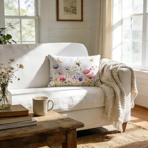Spring Floral ButterflyThrow Pillow Cover 12x20, Cottagecore Spring Blooming Flower Bee Butterfly Decorative Pillow Covers for Home Bedroom Living Room Bed Couch - color: 18color