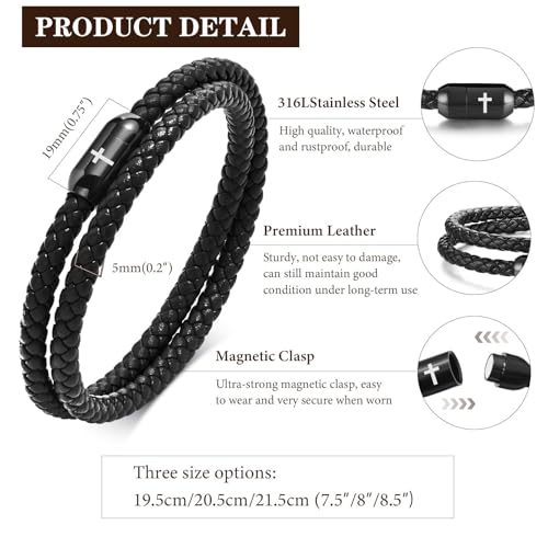 Leather Cross Bracelets for Men : Black Genuine Braided Double Wrap Jesus Cross Braided Leather Bracelets with Stainless Steel Clasp for Men Boyfriend,Christian Jewelry Gifts,8 Inches