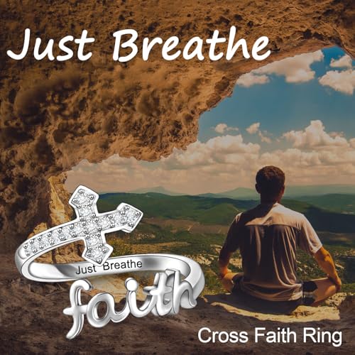 Helonley Cross Faith Ring for Women - 925 Sterling Silver Inspiration Rings - style: Just Breathe
