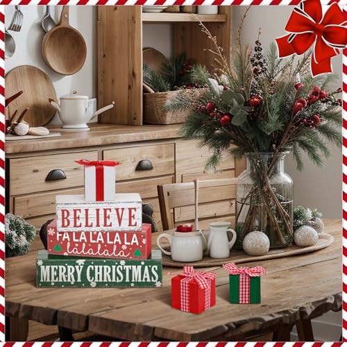 Geelin 4 Pcs Christmas Wooden Table Decorations Gift Boxe Tiered Tray Decor - style: Gift