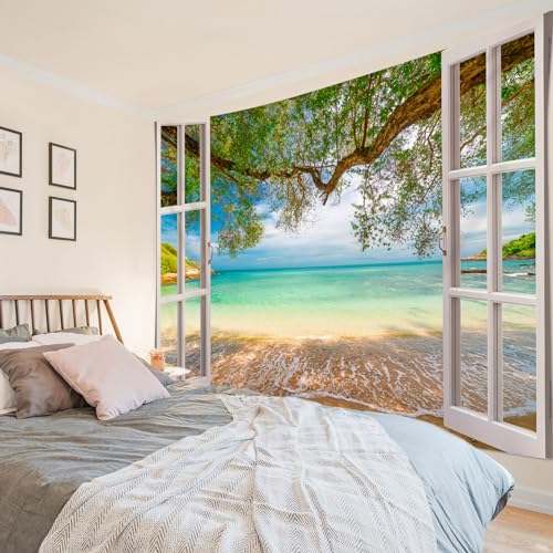 EOBTAIN Beach Window Tapestry Coastal Beachy Summer Nature Landscape Tapestry Wall Hanging Ocean and Green Tree Plant Seascape Wall Art for Bedroom Living Room Dorm Room Decor,60x40 Inch - color: White, size: 40"L x 60"W