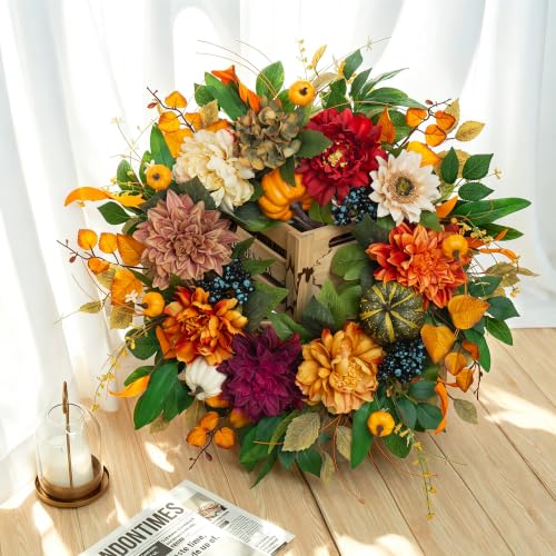 Fall Wreaths for Front Door 24 Inch, Rustic Farmhouse Harvest Autumn Wreath