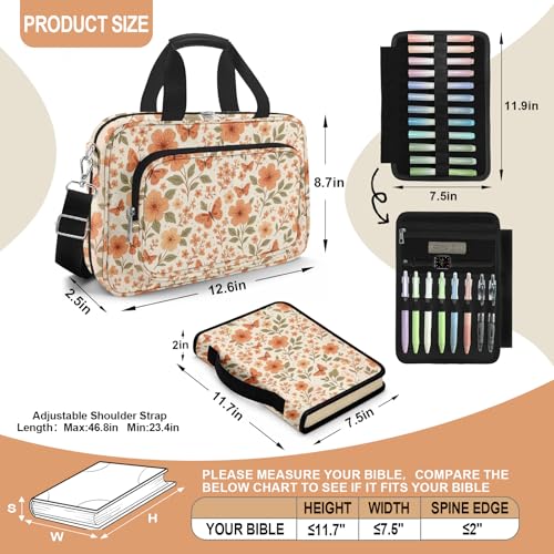 Butterfly Bible Cover Case for Women, Bible Bag for Women Organizer with Handle Zipper Pocket, Bible Study Supplies Journaling Kit, Pens Highlighters Cross Clips Tabs Christian Gift - color: Yellow Butterfly