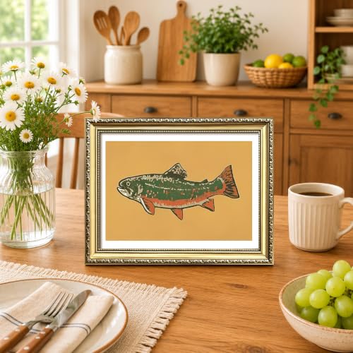 Vintage Gold Framed Trout Canvas Wall Art, Kitchen Fish Wall Decor Oil Painting, Farmhouse Decor Artwork Print Picture Poster, for Living Room Bedroom Dining Room 8x10 Inch - color: B-Fish, size: 10"L x 8"W