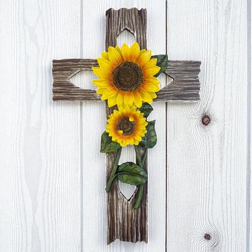 Top Brass Rustic Sunflower Wall Cross – 12” Inspirational Christian Home Décor with Sunflowers & Weathered Wood-Look Finish – Decorative Resin Garden Art