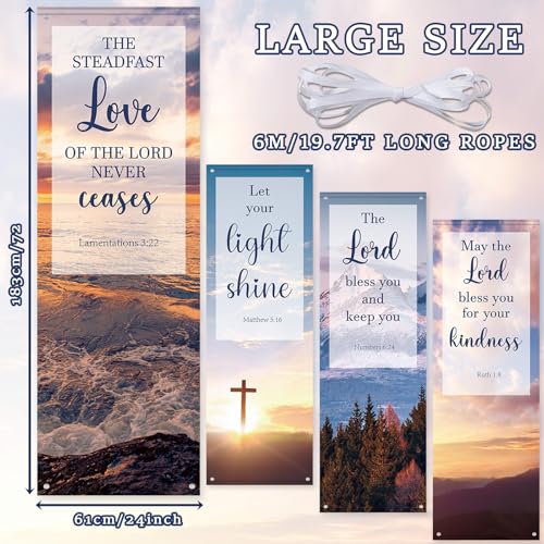 4Pcs Church Banners with Scripture for Sanctuary Wall Worship Classical Christian Banner Inspirational Religious Praise Hanging Sign Scenic Pattern Backdrop for Christmas Church Sunday School Decor