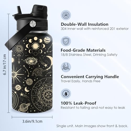 Sun Moon Gift for Women, 26oz Water Bottle with Handle for Girl Friends - color: SunMoon-Black