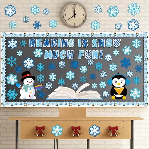 Winter Reading Bulletin Board Decoration Set Snowflake Snowman Penguins Cutouts Christmas Winter Snowflake Bulletin Board Borders Classroom Decorations for Holiday Party School Home Door Wall(Winter) - style: Winter Reading