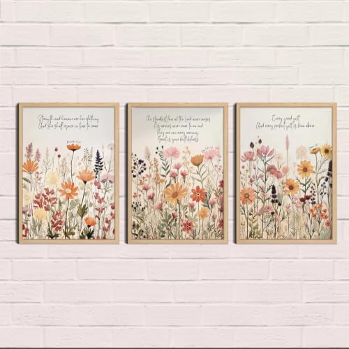 Floral Wall Art Canvas Prints Framed Set of 3 12x16 Inch Botanical Wall Decor Pictures Christian Bible Verse Posters Farmhouse Wall Art Artwork for Living Room Bedroom Home Decoration - color: Yellow And Pink, size: 12x16 Inch