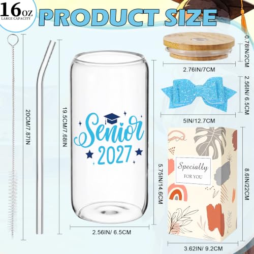 Class of 2027 Senior Gifts - Senior 2027 Blue Glass Tumbler with Glitter Bow, Graduation Gift for Girls Women Player College High School Daughter Friends Graduates - style: blue senior