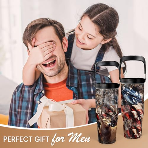SANDJEST Hunting Gift for Men, Deer Hunting Tumbler with Handle, 30oz Flip Straw Stainless Steel Insulated Coffee Travel Cup, Gifts for Hunter Dad Grandpa for Birthday Christmas Fathers Day - color: Hunting 2