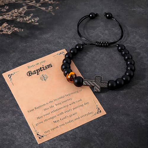 Christian Cross Bracelet Gift for Men Boys Adjustable Beaded Cross Bracelet Religious Jewelry with Message Card for Communion Baptism Confirmation Easter - style: American Flag Joshua 1 9