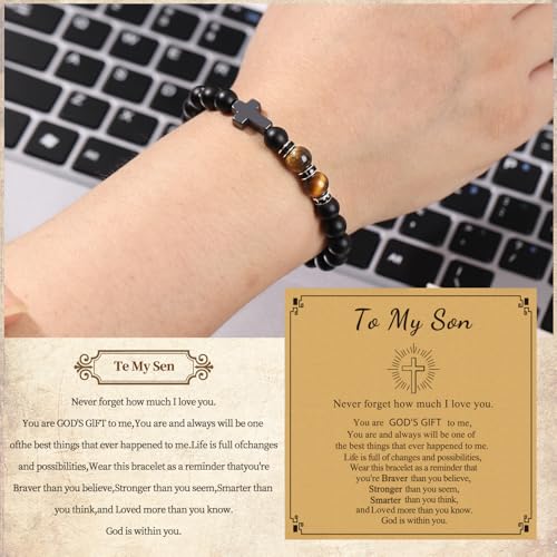To My Son Bracelet Gifts from Mom Dad,Inspirational Cross Bracelet for Teen Boys Mens Stocking Stuffers Christian Gifts for Son Birthday Christmas