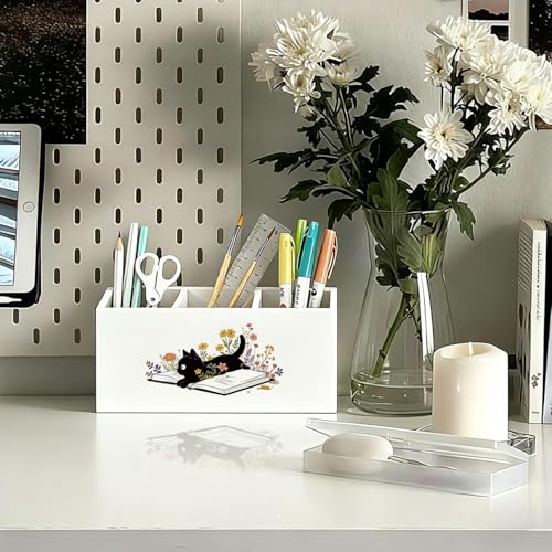 Black Cat Pen Holder, Book Lovers Reader Gifts Pencil Holder for Desk, Black Cat Lovers Gifts for Women, Floral Book Wooden Box Sign Decorations for Reading Room Corner Nook Desk Tabletop - color: 05-Cat Pen Holder(01)
