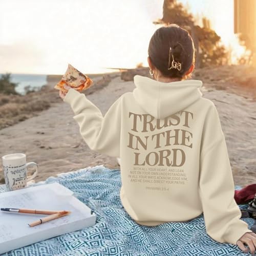 Trust In The Lord Graphic Hoodie For Girls Christian Jesus Hoodie Kids Faith Hooded Sweatshirt Preppy Pullover Tops - color: Apricot, size: 5-6 Years