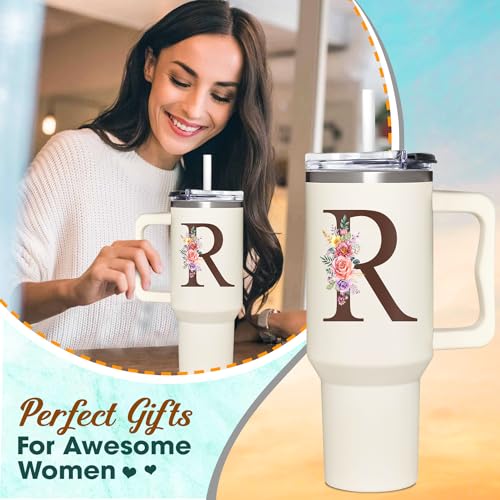 Personalized Gifts for Women, Customized Mother's Day, Birthday, Xmas Gift For Grandma, Mom, Wife, Friends, Sisters, Coworkers, Monogrammed Tumbler 40oz with Lid and Straw - color: R