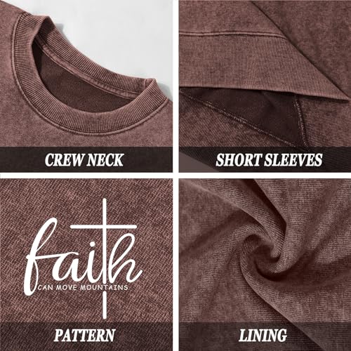 Christian Shirts for Women Faith Can Move Mountains Acid Wash Shirt Jesus Religious Bible Verse Long Sleeve Top - color: Coffee, size: Medium