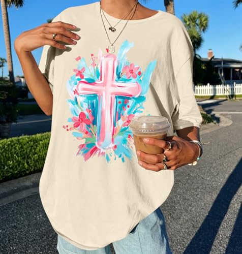 Make Heaven Crowded T-Shirt Women Oversized Christian Shirt Graphic Tee - color: Apricot-a, size: Large