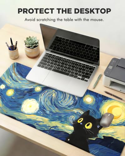 Mouse Pad, Desk Mat, 31.5x11.8in Large Mousepad - color: Blue Starry Sky Cat