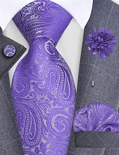 GUSLESON 3.15"(8cm) Mens Tie and Lapel Pin Paisley Necktie Hankerchief Cufflinks Set for Men - color: Light Purple