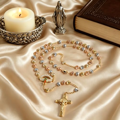 Catholic Rosary,Our Lady Of Guadalupe Centerpiece and Crucifix - color: Gold-01