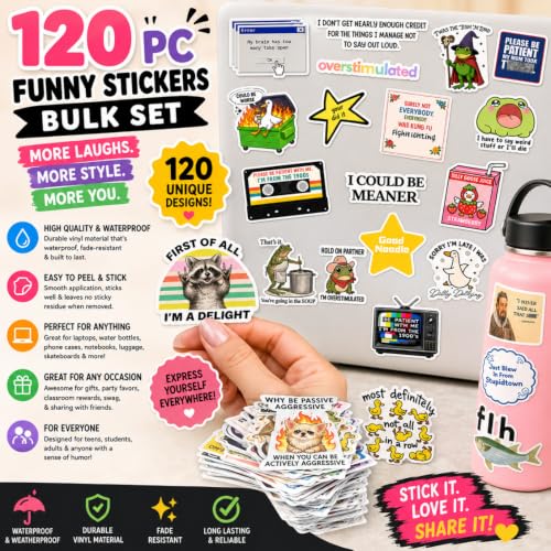NEW 2026 Funny Stickers Pack 120PC Bulk Set Cute Cool Novelty Meme Decals Waterproof Vinyl Stickers for Laptop Water Bottle Phone Luggage Scrapbook Journal Accessories Decorative for Men Women Adults - style: Funny