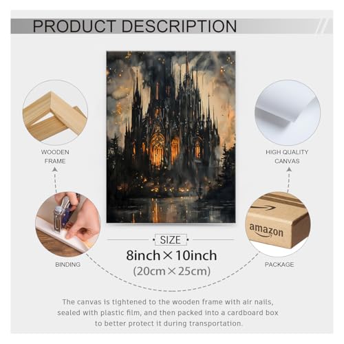 Gothic Victorian Castle Wall Art Vintage Dark Academia Oil Painting Poster 08x10 inch Framed Retro Mid Century Goth Vampire Forest Canvas Prints for Living Room Bedroom Wall Decor - color: Black-wframed, size: 10L" x 8W"